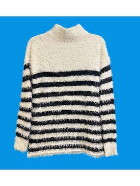 Sanctuary Fuzzy Striped  Women's Small Sweater Black & White Mock Neck Long Slee